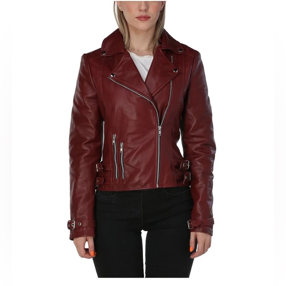 NWT [Leather Skin] Burgundy Maroon Asymmetrical Zip Leather Jacket Women’s XS - Picture 2 of 12